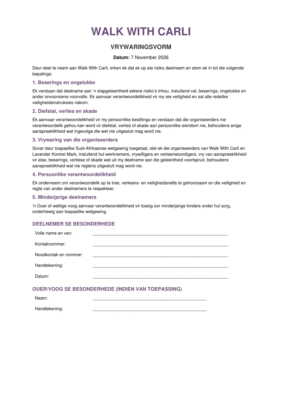 Blank one-page Walk With Carli indemnity form in Afrikaans, dated 7 November 2026, with participant and parent or guardian signature sections.