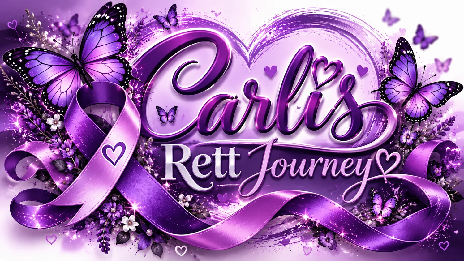 Carli’s Rett Journey artwork with purple butterflies, hearts and an awareness ribbon